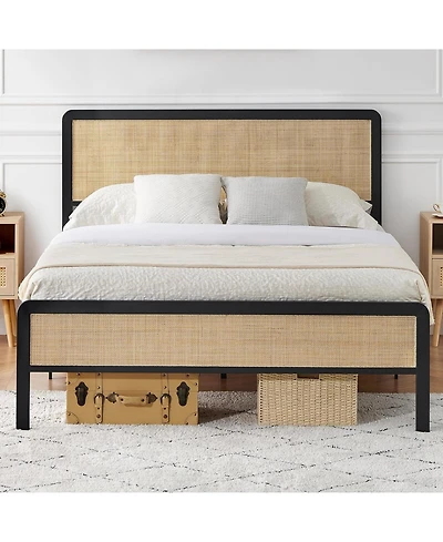 gaomon Rattan Bed Frame with Cane Headboard, Boho Platform, Slat Support, No Box Spring, Easy Assembly