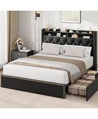 gaomon Upholstered Size Bed Frame with Storage Drawers, Velvet Platform Bed with Tufted Headboard and Nailhead Trim Design, No Box Spring Needed