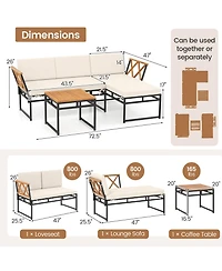 Costway 3 Pcs L-Shaped Patio Furniture Set with Loveseat Square Coffee Table Soft Back