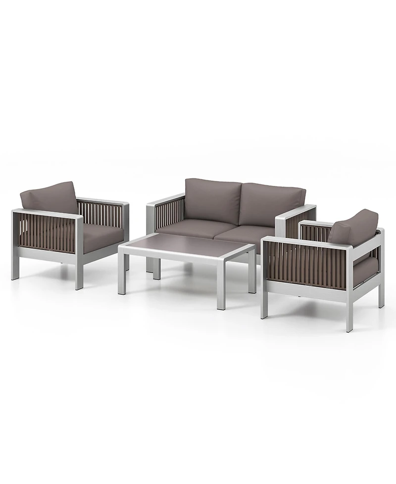 Gymax 4 Pcs Aluminum Patio Furniture Set w/ Thick Cushions & Tempered Glass Tabletop
