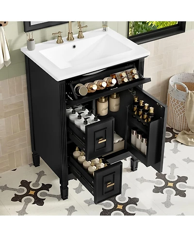 Sillysis Bathroom Vanity with Sink, Freestanding Solid Wood & Mdf Cabinet, Flip Drawer Adjustable Shelf for Storage