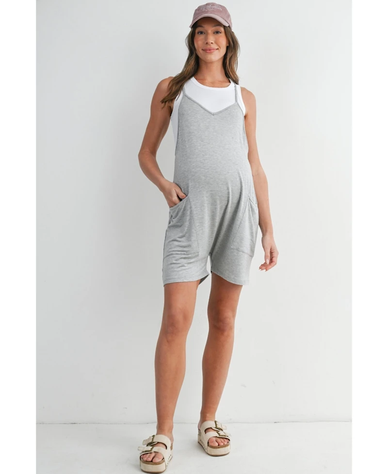 Hello Miz Maternity Sleeveless Loose Fit V-Neck Romper with Pockets and Adjustable Straps