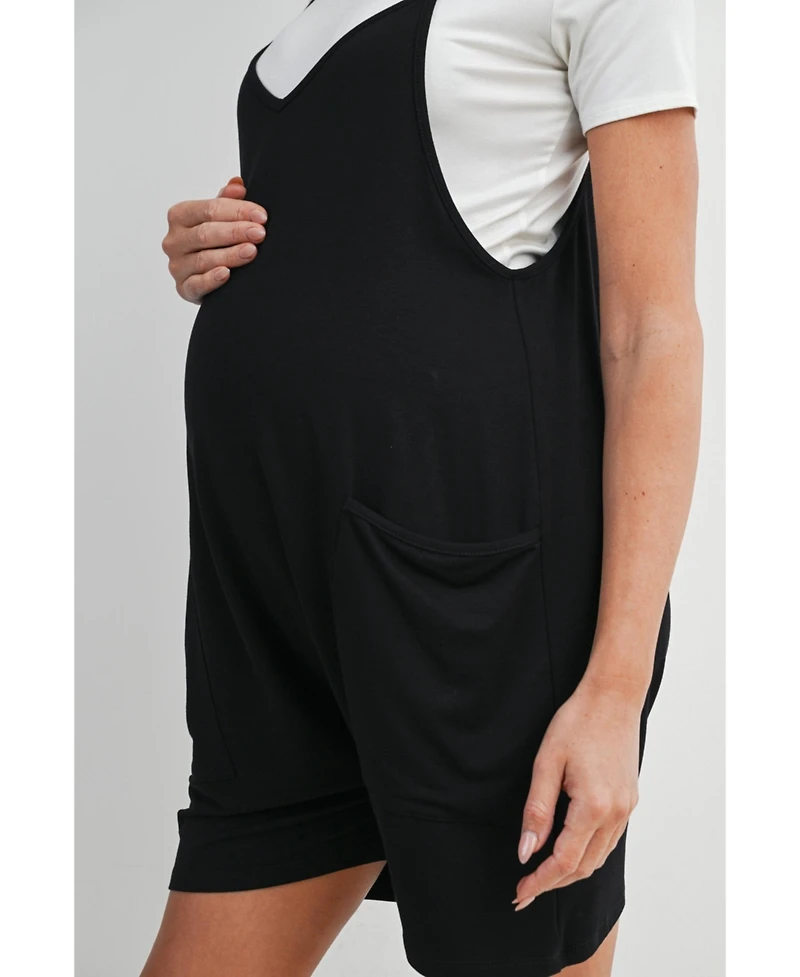 Hello Miz Maternity Sleeveless Loose Fit V-Neck Romper with Pockets and Adjustable Straps