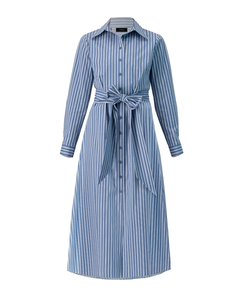 Ivonne Women's Striped Midi Collared Dress with Waist Tie
