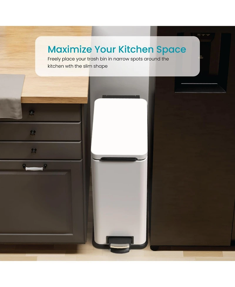 Home Zone Living 8 Gallon Slim Stainless Steel Kitchen Trash Can with Step Pedal and Soft Close Lid