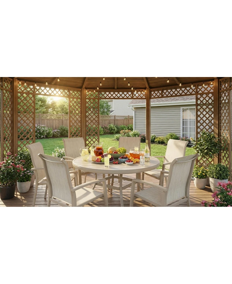 Mondawe 52.95" Round Outdoor Dining Table for 6–7 People, All-Weather Steel Patio Table with Umbrella Hole, Sandstone