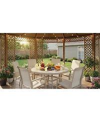 Mondawe 52.95" Round Outdoor Dining Table for 6–7 People, All-Weather Steel Patio Table with Umbrella Hole, Sandstone