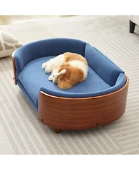 6thdruple Mid-Century Wood Pet Bed with Velvet Cushion