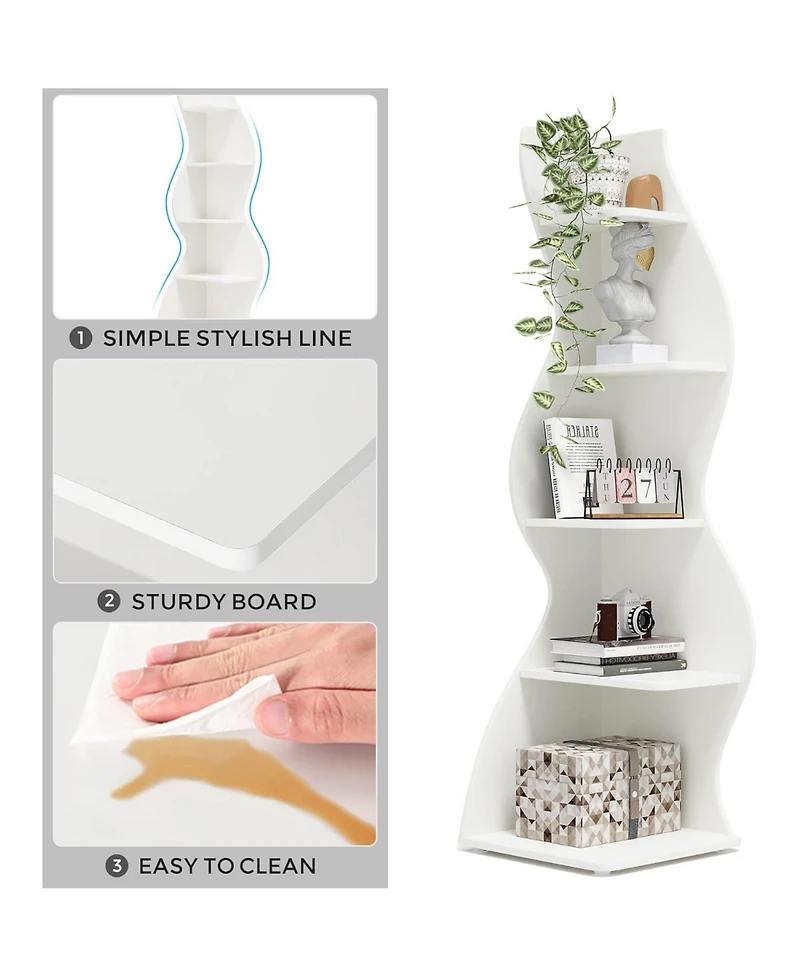 Rainsken 5-Tier Wall Corner Bookshelf, Modern Bookcase Storage Rack with Adjustable Shelves, Unique Shape for Living Room, Home Office