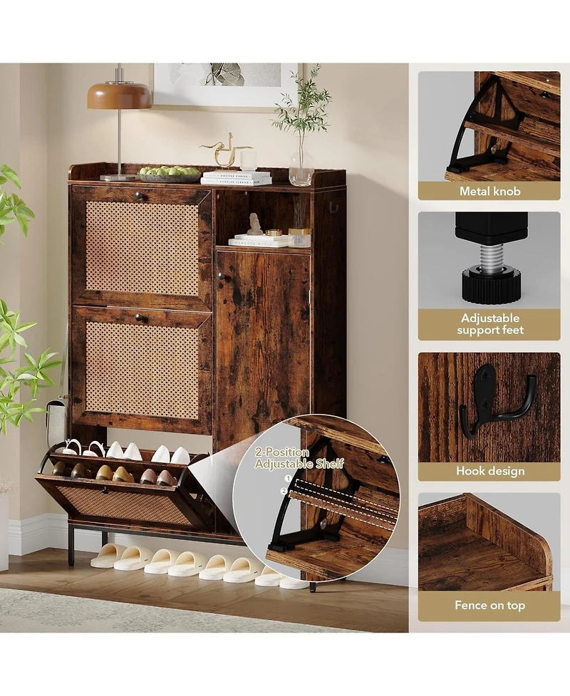 gaomon Rattan Shoe Cabinet with 3 Flip Drawers Narrow Entryway Shoe Organizer Adjustable Shelves Safety Fenc