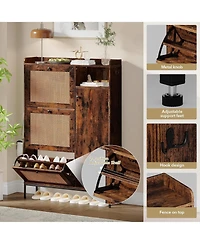 gaomon Rattan Shoe Cabinet with 3 Flip Drawers Narrow Entryway Shoe Organizer Adjustable Shelves Safety Fenc