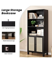Rainsken 71" Tall Bookshelf, 5 Tier Wood Storage Bookcase with Rattan Doors, Ample Storage Space for Living Room, Home Office
