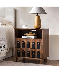 Rainsken Modern Mid-Century Nightstand with 2 Drawers, Solid Wood Bedside Table with Charging Station, Curve Mirror Design, End Table for Bedroom