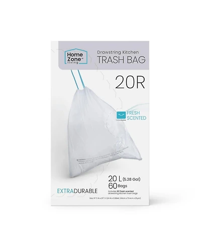 Home Zone Living Code 20R Drawstring Kitchen Trash Bags Custom Fit for 5 Gallon Recycling Bins, 60-Count