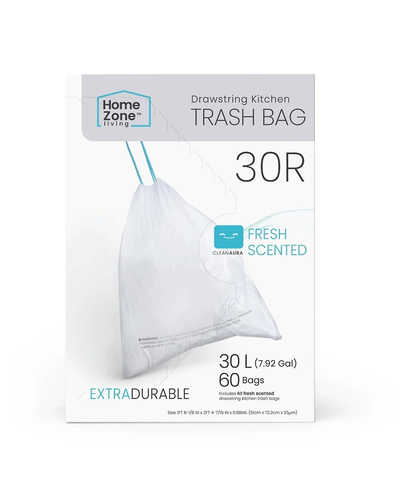 Home Zone Living Code 30R Drawstring Kitchen Trash Bags Custom Fit for 8 Gallon Recycling Bins, 60-Count