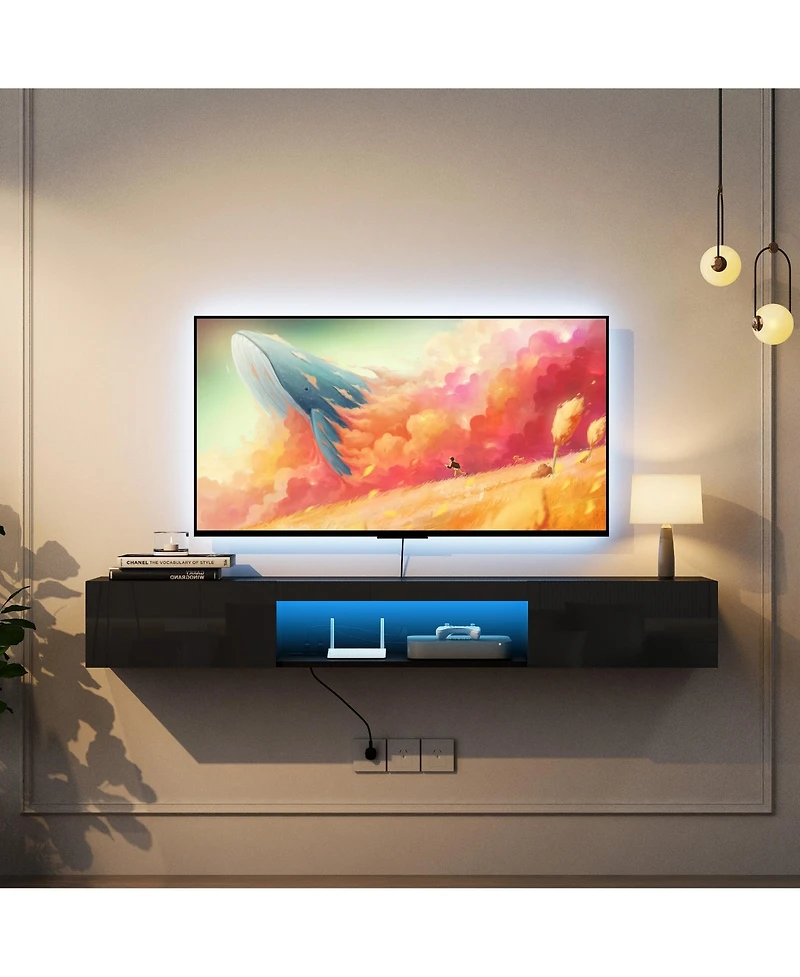 sumyeg 63" Modern Floating Tv Stand Wall Mounted with 16 Color Led Lighting