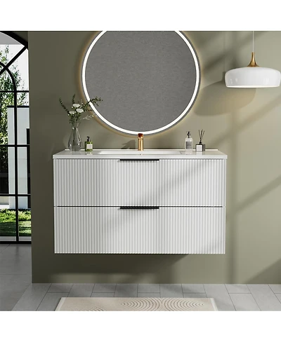 Sillysis 36 Wall Mounted Bathroom Vanity with Ceramic Sink, Fluted Mdf Cabinet & Drawers for Modern Bathrooms
