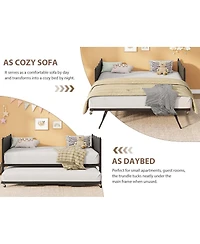 gaomon Twin Daybed with Trundle, Metal Frame with Wavy Wood Grain Headboard and Lockable Casters