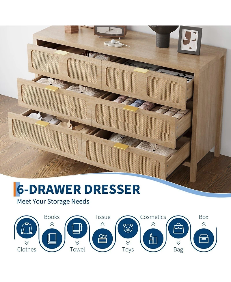 gaomon 6-Drawer Dresser, Rattan Storage Chest with Metal Handles & Wood Legs for Bedroom
