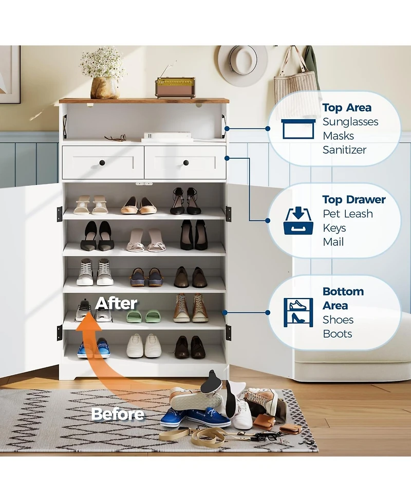 gaomon Modern Farmhouse Shoe Storage Cabinet for Entryway, Narrow Shoe Rack Organizer with Drawers, Doors & Adjustable Shelves, for Living Room