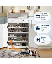 gaomon Modern Farmhouse Shoe Storage Cabinet for Entryway, Narrow Shoe Rack Organizer with Drawers, Doors & Adjustable Shelves, for Living Room