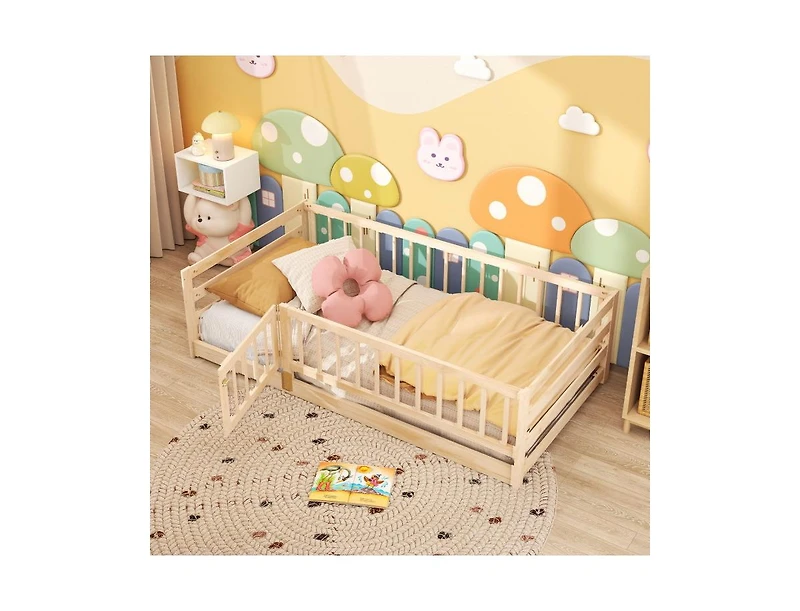 Slickblue Kids Twin Floor Bed with Safety Fence and Playhouse Door - 41