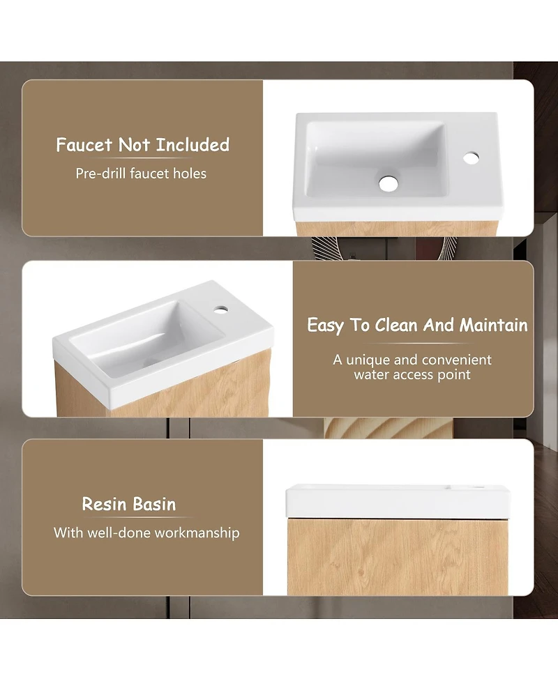 Sillysis Wall Mounted Bathroom Vanity with Resin Sink, Modern 3D Shell Pattern & Soft Close Door, 18.5" Compact Cabinet for Small Bathrooms