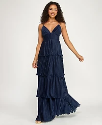 Emerald Sundae Juniors' V-Neck Ruffle-Tiered Sleeveless Gown