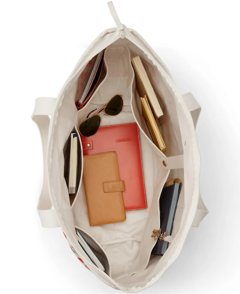 Lands' End Large Print 5 Pocket Zip Top Long Handle Canvas Tote Bag