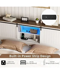gaomon Farmhouse Bed Frame Size With Led Lights and Charging Station, Wooden Platform Bed With Storage Bookcase Headboard