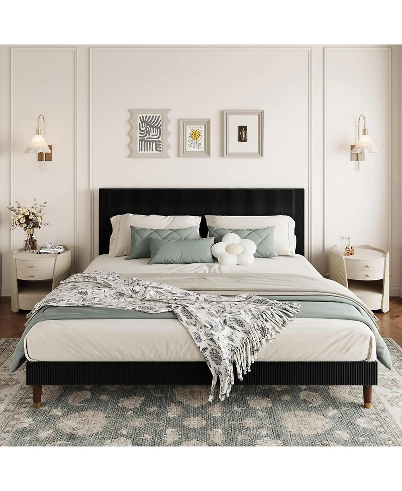 gaomon Platform Bed Frame with Headboard, Corduroy Upholstered Bed, Wooden Slats Support, Noise-Free Easy Assembly.