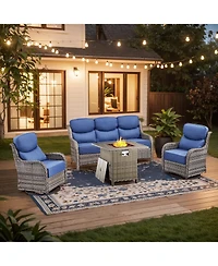 Gymojoy 4 Piece Patio Furniture Set with Fire Pit Table, Swivel Rocker Chair, Seat Sofa, Seats Outdoor Conversation for Lawn Garden Backyard