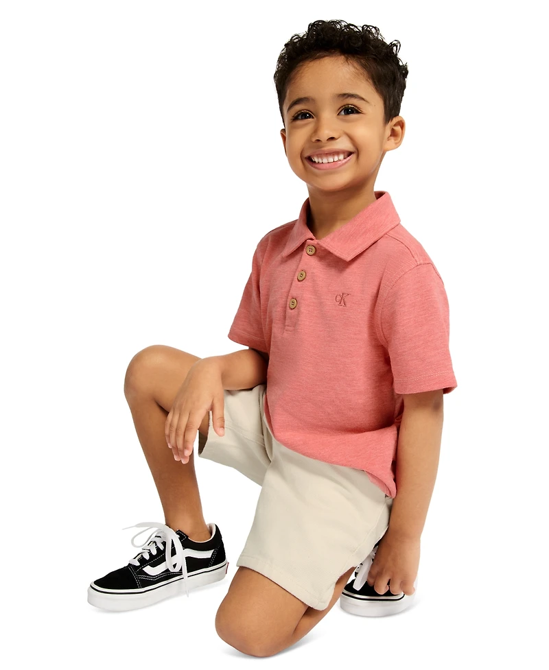 Calvin Klein Boys' Toddler 2T-4T Slub Pique Polo Shirt and Denim Shorts, 2-Piece Set