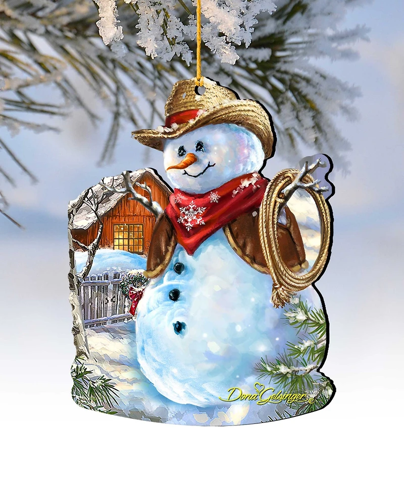 Designocracy 2 Piece Cowboy Snowman Wood Ornaments Set