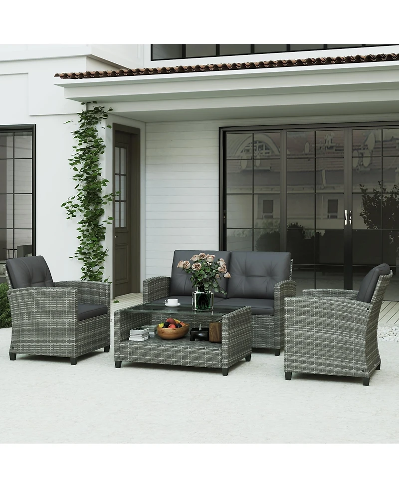 Outsunny 4 Piece Patio Furniture Set, Wicker Loveseat, Chairs & Table