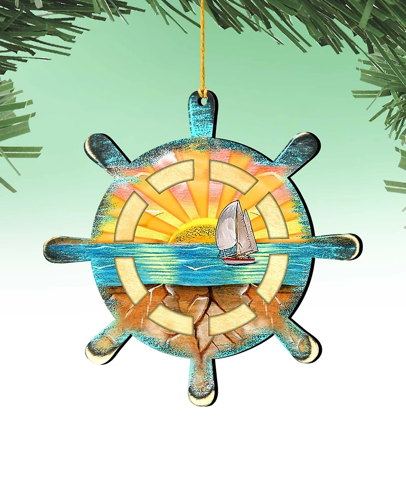 Designocracy Captains Wheel Wooden Ornaments Set of 2