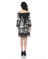 White Mark Women's Off-The-Shoulder Printed Bell-Sleeve Lace Hem Dress