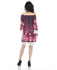 White Mark Women's Off-The-Shoulder Printed Bell-Sleeve Lace Hem Dress