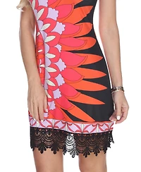 White Mark Women's Printed Sleeveless Lace Hem Sheath Dress