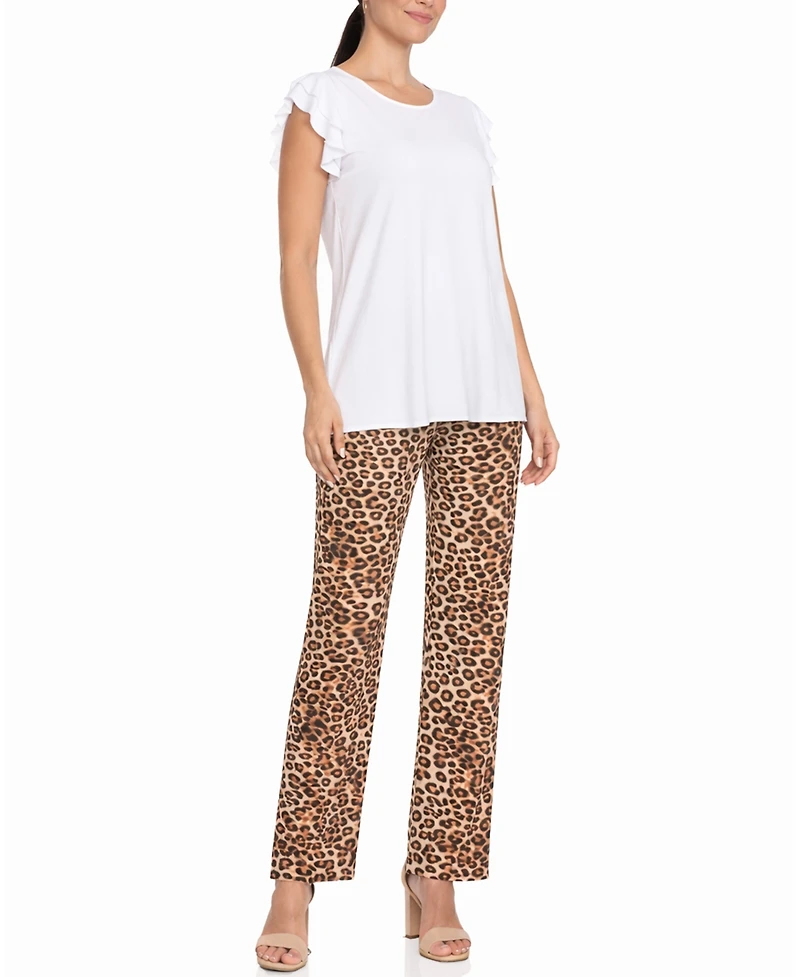 White Mark Women's Ruffle-Sleeve Top and Animal Print Pant Set
