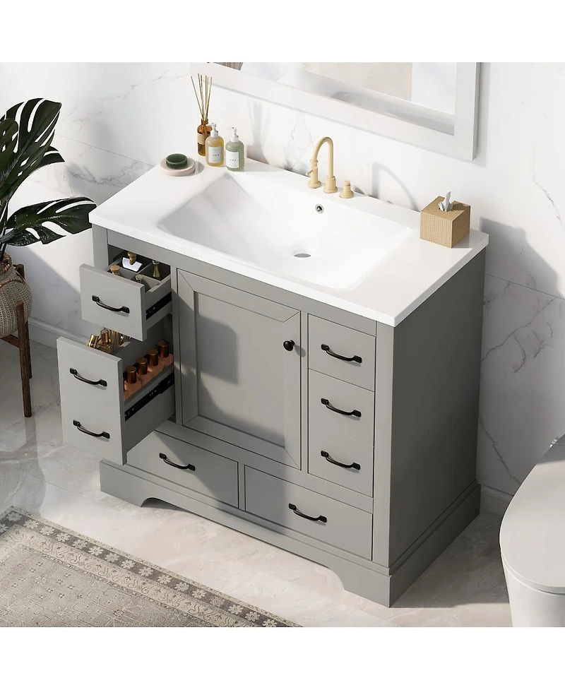 Sillysis Bathroom Vanity with Sink, Solid Wood Cabinet, 6 Drawers & Adjustable Shelf for Modern Storage