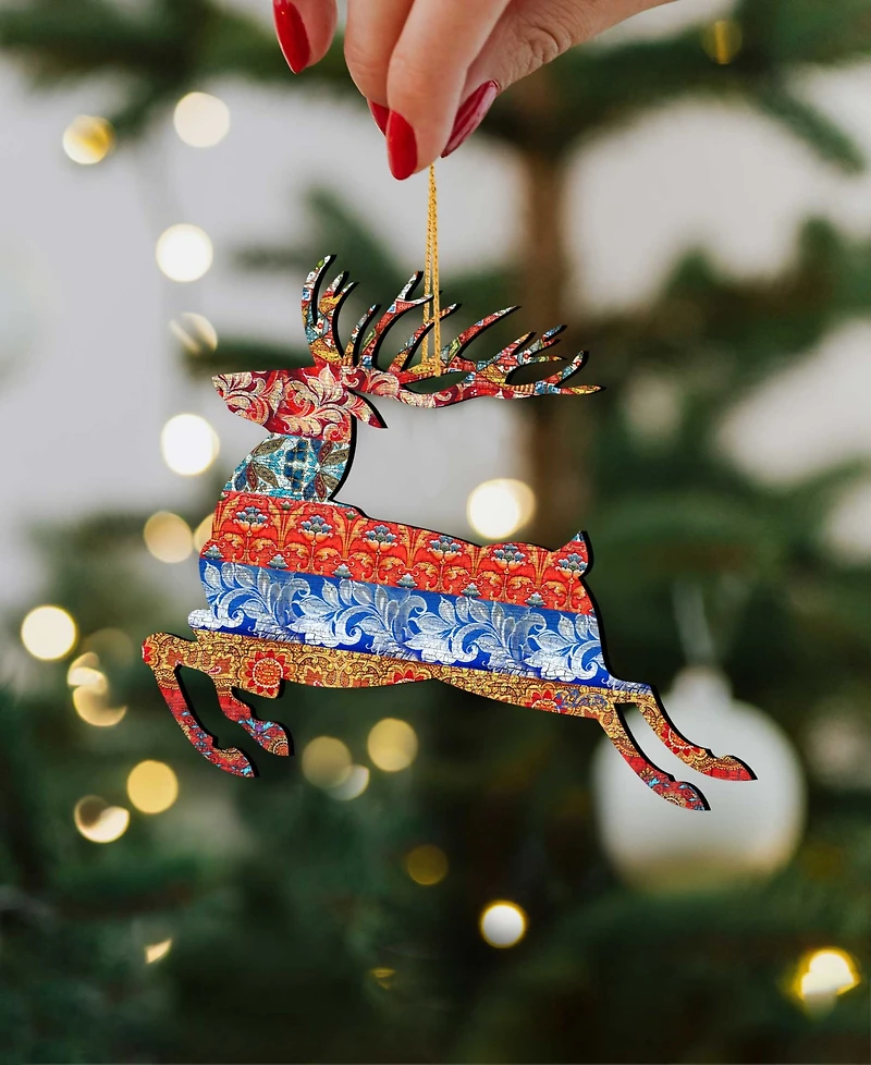 Designocracy Rustic Prancing Deer Wooden Christmas Ornament, Set of 2