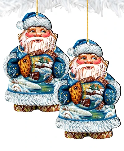 Designocracy Gold Fish Santa Wooden Christmas Ornament Set of 2