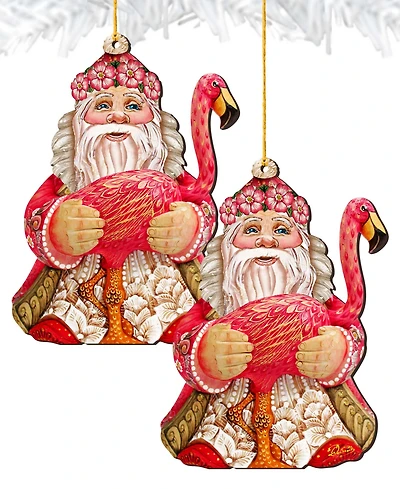 Designocracy Flamingo Santa Wooden Christmas Ornament Set of 2