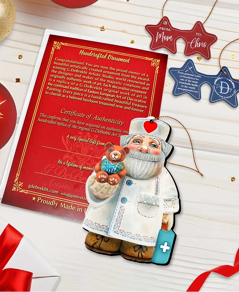 Designocracy Teddy Bear Doctor Wooden Christmas Ornament, Set of 2