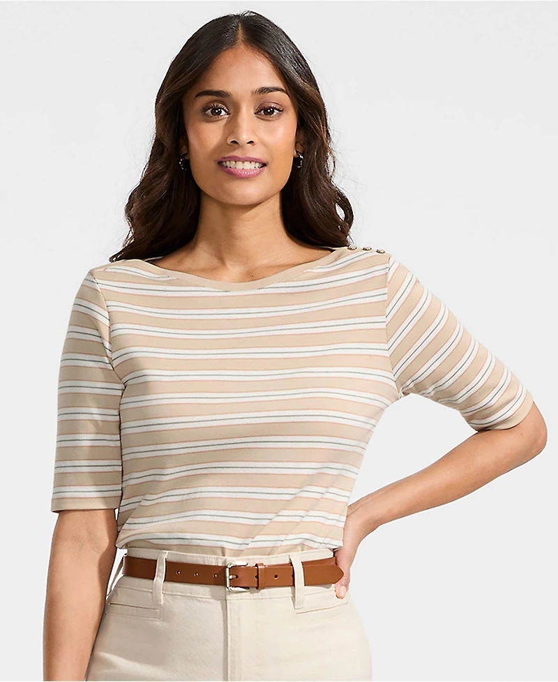 Lands' End Women's Supima Cotton Elbow Sleeve Boatneck Button Shoulder Tee