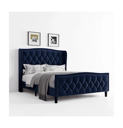 gaomon Full Size Velvet Wingback Platform Bed Frame Upholstered Headboard, No Box Spring Needed