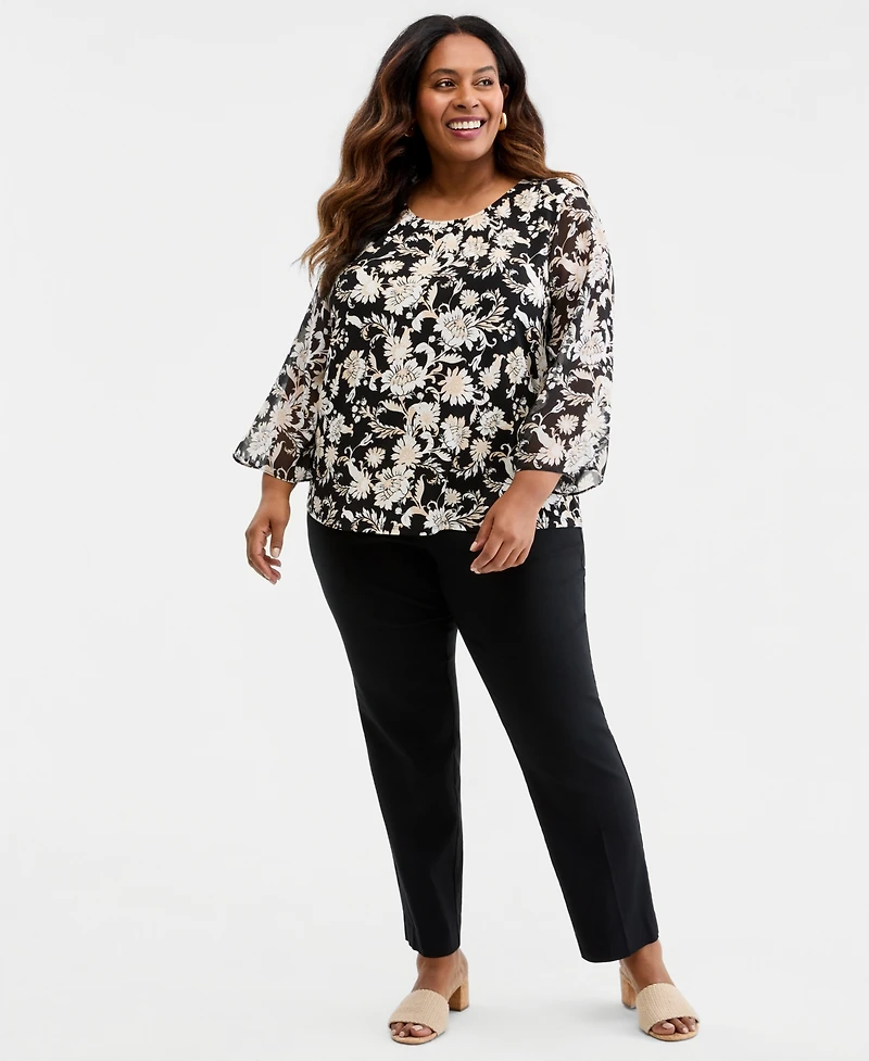 Jm Collection Plus Bold Floral Scroll Chiffon-Sleeve Gathered-Neck Top