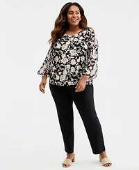 Jm Collection Plus Bold Floral Scroll Chiffon-Sleeve Gathered-Neck Top