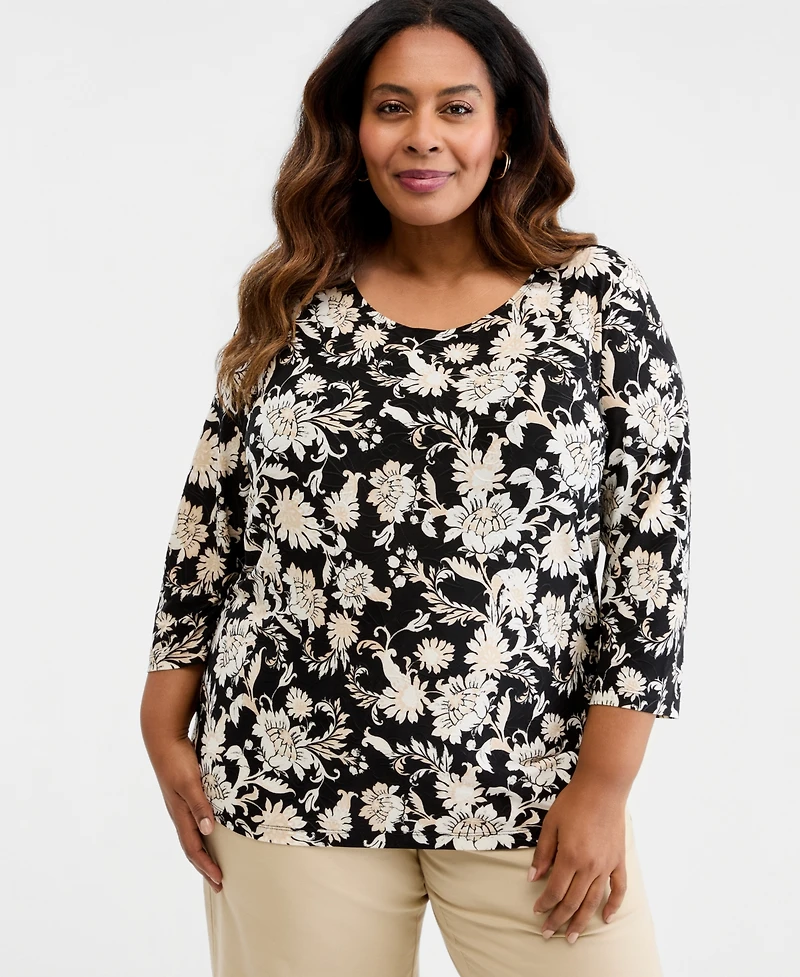 Jm Collection Plus Bold Floral Scroll 3/4-Sleeve Jacquard Top, Macy's Exclusive
